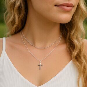 Layered Real Sterling Silver Cross Necklace: Dainty Beaded Chain, Christian